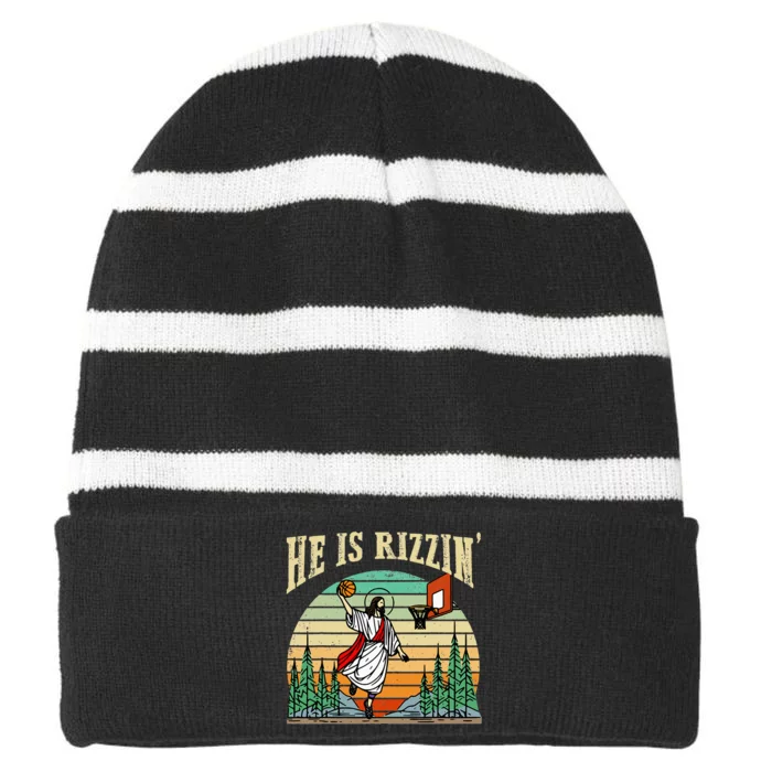 He Is Rizzin Funny Basketball Easter Christian Religious Striped Beanie with Solid Band