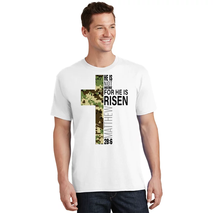 He Is Risen Christian Easter Verse Green Camo Cross T-Shirt