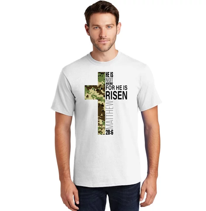 He Is Risen Christian Easter Verse Green Camo Cross Tall T-Shirt