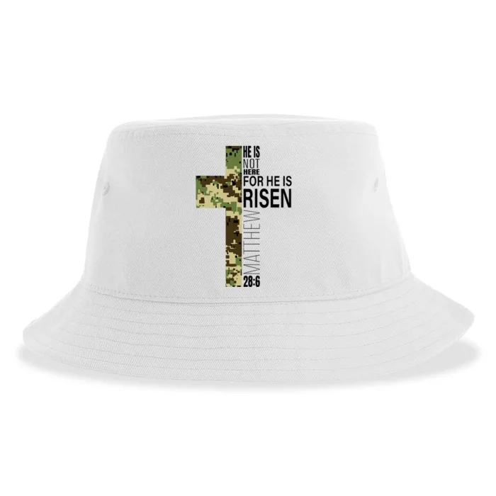 He Is Risen Christian Easter Verse Green Camo Cross Sustainable Bucket Hat