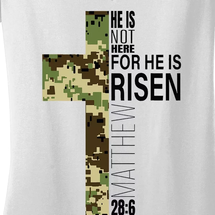 He Is Risen Christian Easter Verse Green Camo Cross Women's V-Neck T-Shirt