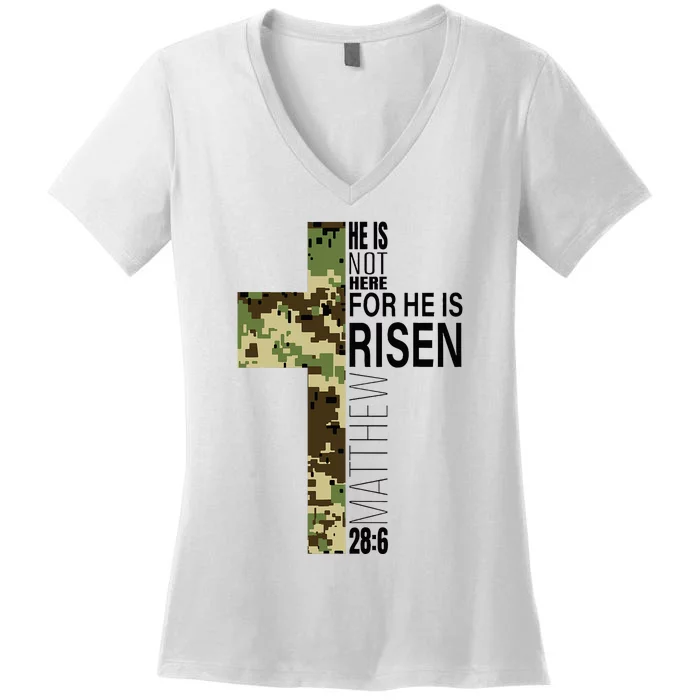 He Is Risen Christian Easter Verse Green Camo Cross Women's V-Neck T-Shirt