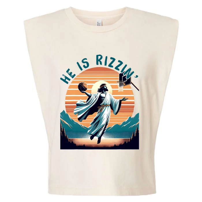 He Is Rizzin Basketball Jesus Retro Easter Christian Garment-Dyed Women's Muscle Tee