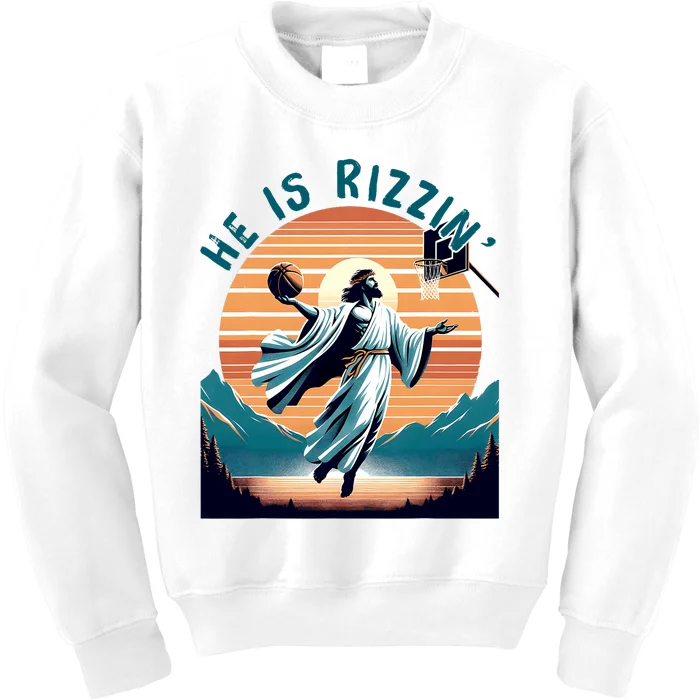 He Is Rizzin Basketball Jesus Retro Easter Christian Kids Sweatshirt