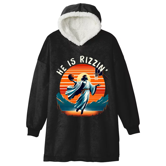 He Is Rizzin Basketball Jesus Retro Easter Christian Trendy Design Hooded Wearable Blanket