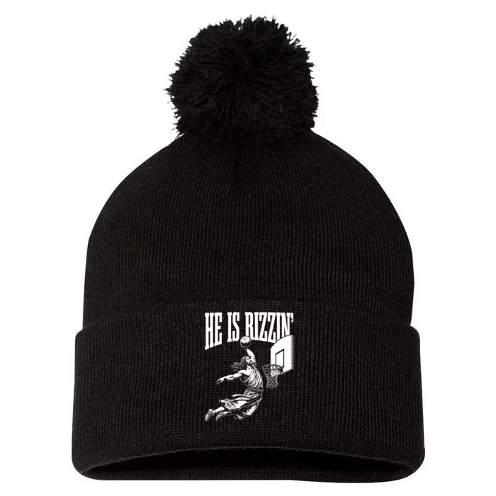 He Is Rizzin Funny Jesus Meme He Is Rizzen Pom Pom 12in Knit Beanie