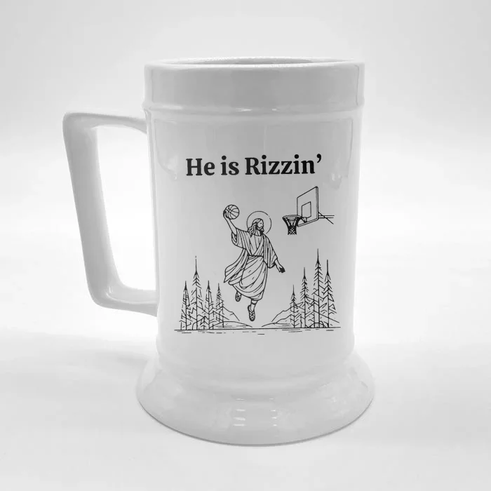 He Is Rizzin Funny Basketball Retro Christian Religious Front & Back Beer Stein