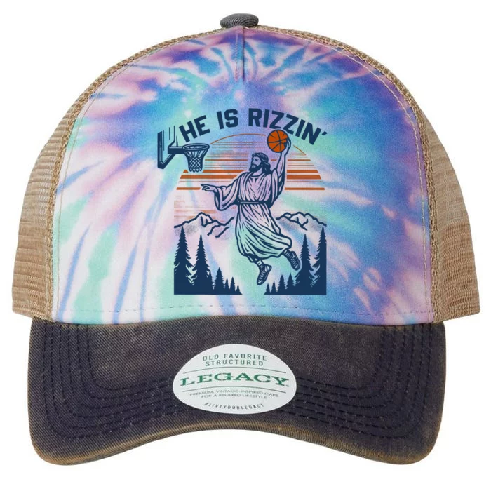 He Is Rizzin Funny Jesus Playing Basketball Legacy Tie Dye Trucker Hat