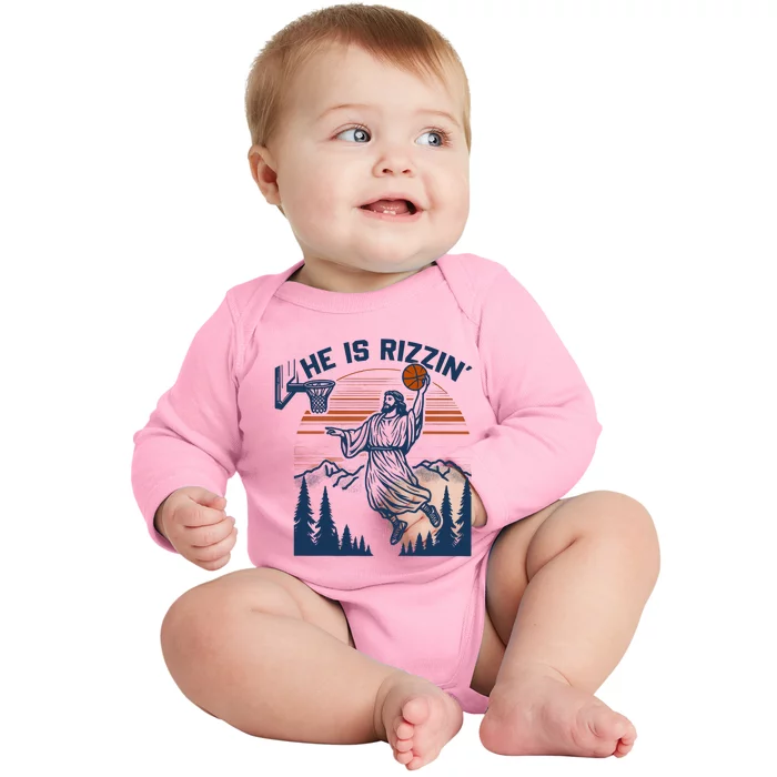 He Is Rizzin Funny Jesus Playing Basketball Baby Long Sleeve Bodysuit