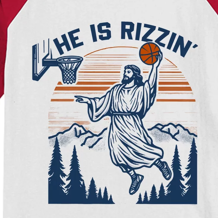 He Is Rizzin Funny Jesus Playing Basketball Kids Colorblock Raglan Jersey