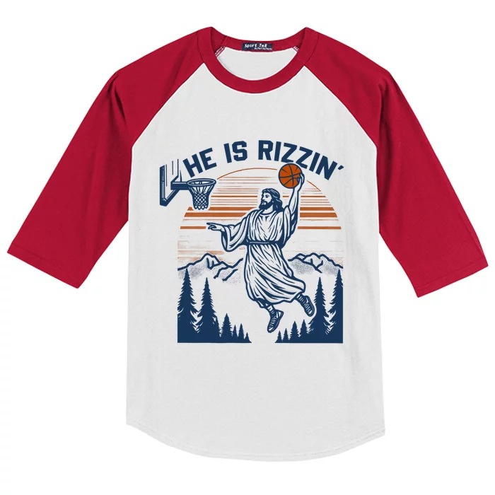 He Is Rizzin Funny Jesus Playing Basketball Kids Colorblock Raglan Jersey