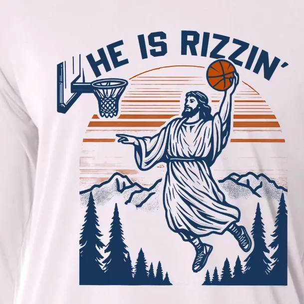 He Is Rizzin Funny Jesus Playing Basketball Cooling Performance Long Sleeve Crew