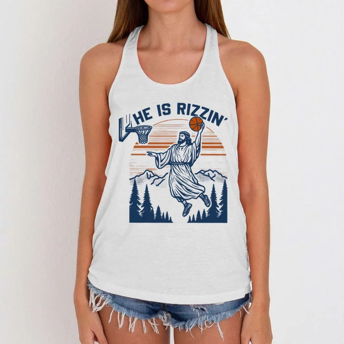 He Is Rizzin Funny Jesus Playing Basketball Women's Knotted Racerback Tank