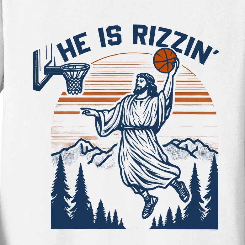 He Is Rizzin Funny Jesus Playing Basketball Kids Long Sleeve Shirt