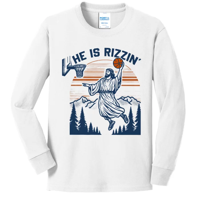 He Is Rizzin Funny Jesus Playing Basketball Kids Long Sleeve Shirt