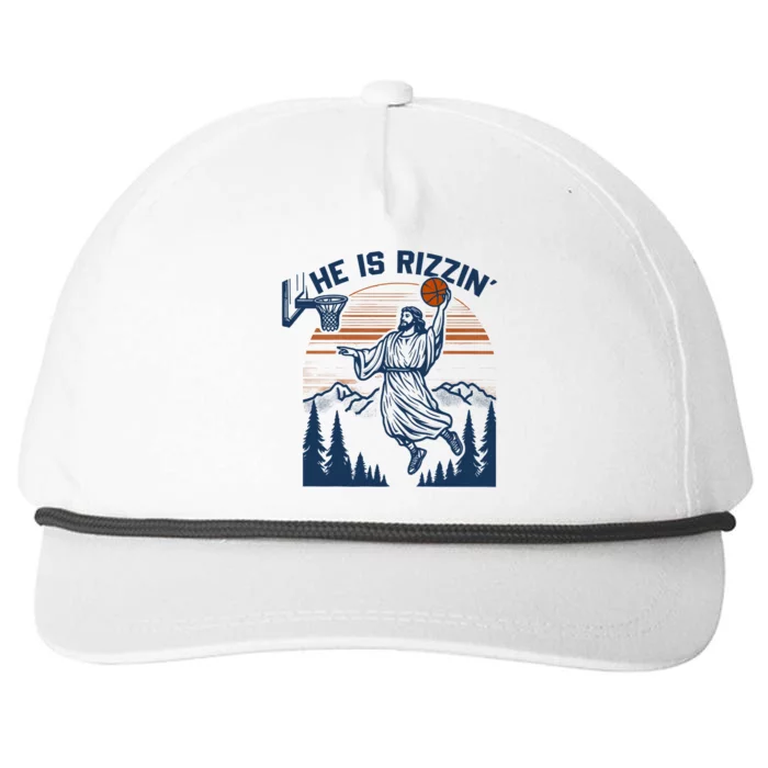 He Is Rizzin Funny Jesus Playing Basketball Snapback Five-Panel Rope Hat