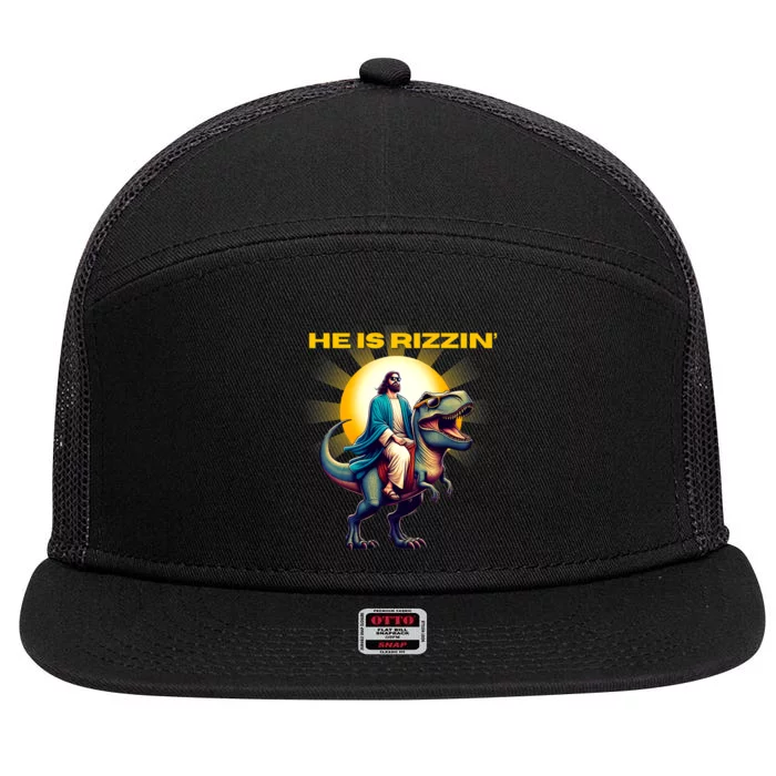 He Is Rizzen Jesus Has Rizzen Retro Christian Dinosaur 7 Panel Mesh Trucker Snapback Hat