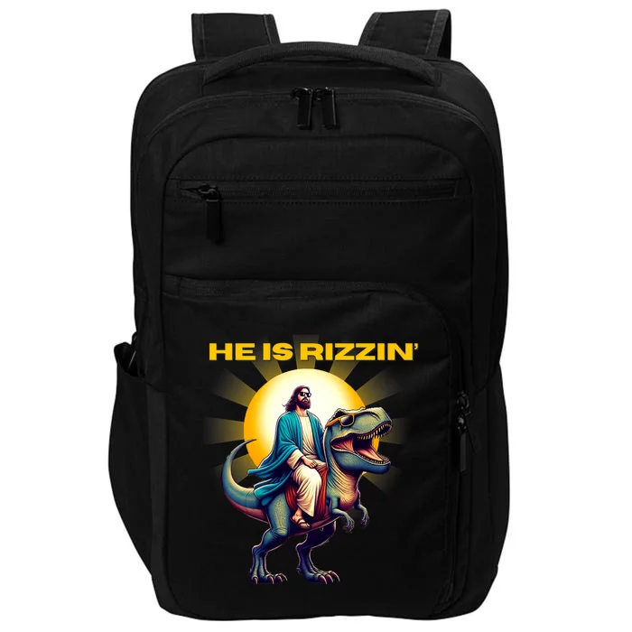 He Is Rizzen Jesus Has Rizzen Retro Christian Dinosaur Impact Tech Backpack