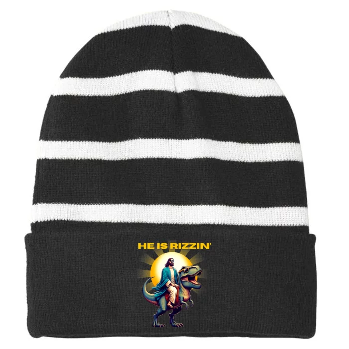 He Is Rizzen Jesus Has Rizzen Retro Christian Dinosaur Striped Beanie with Solid Band