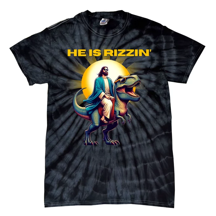 He Is Rizzen Jesus Has Rizzen Retro Christian Dinosaur Tie-Dye T-Shirt