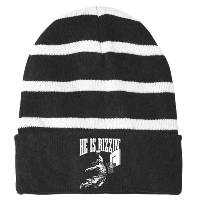 He Is Rizzin Funny Jesus Basketball Meme Striped Beanie with Solid Band