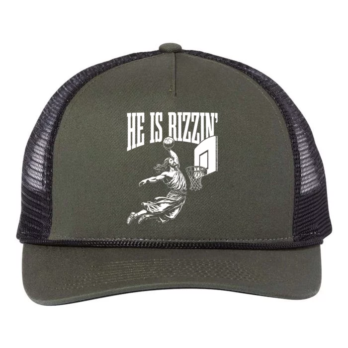 He Is Rizzin Funny Jesus Basketball Meme Retro Rope Trucker Hat Cap