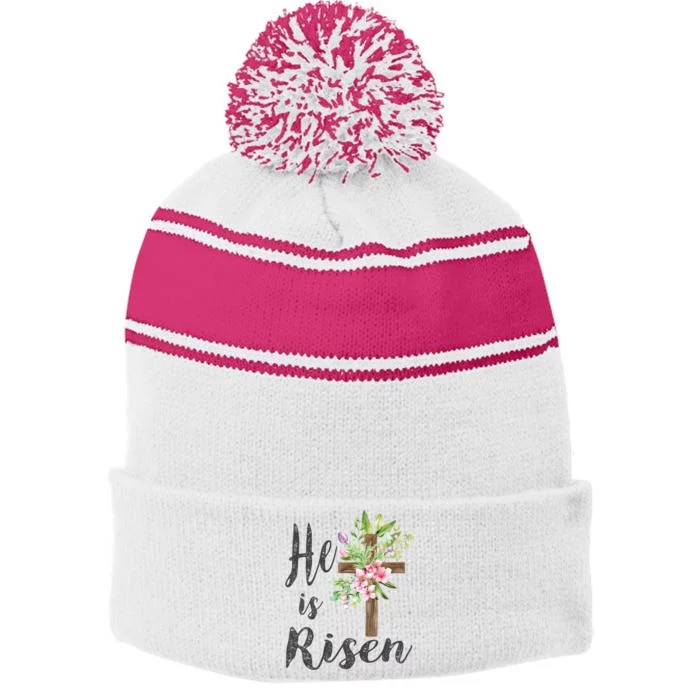 He Is Risen Floral Cross Vintage Happy Easter Day Gift Stripe Pom Pom Beanie