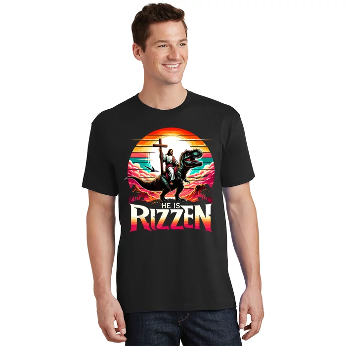 He Is Rizzen Jesus Has Rizzen Retro Christian Dinosaur T-Shirt