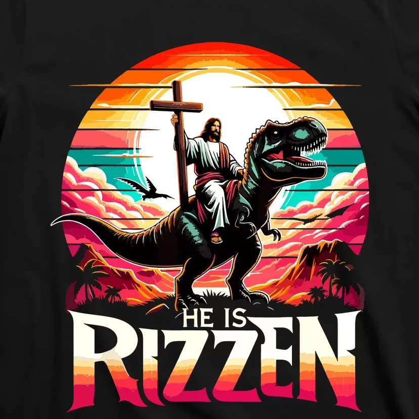 He Is Rizzen Jesus Has Rizzen Retro Christian Dinosaur T-Shirt