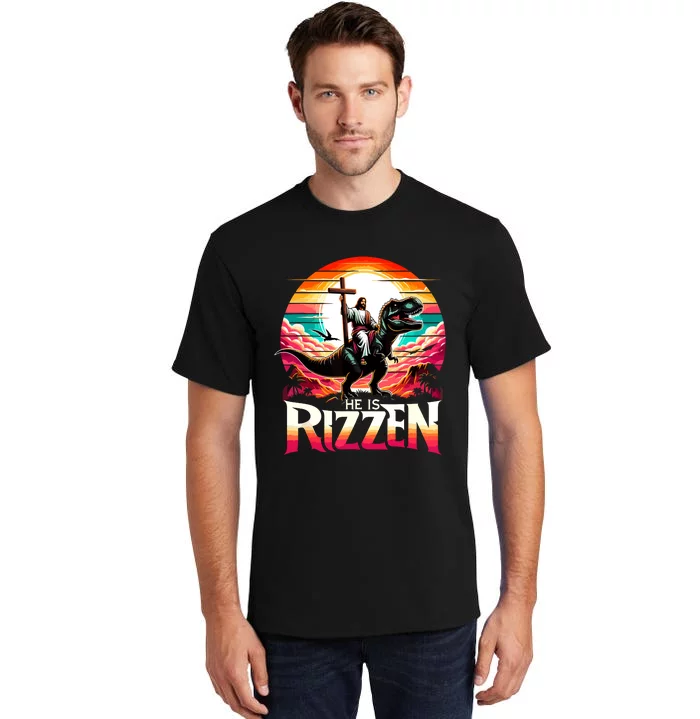 He Is Rizzen Jesus Has Rizzen Retro Christian Dinosaur Tall T-Shirt