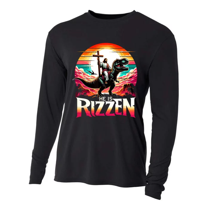 He Is Rizzen Jesus Has Rizzen Retro Christian Dinosaur Cooling Performance Long Sleeve Crew