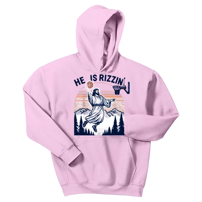 He Is Rizzin Basketball Jesus Retro Easter Christian Kids Hoodie