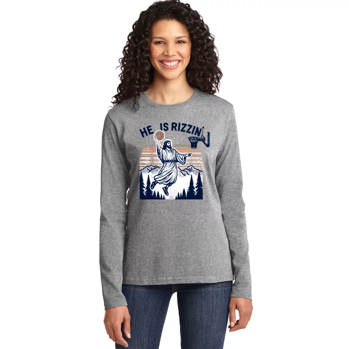 He Is Rizzin Basketball Jesus Retro Easter Christian Ladies Long Sleeve Shirt