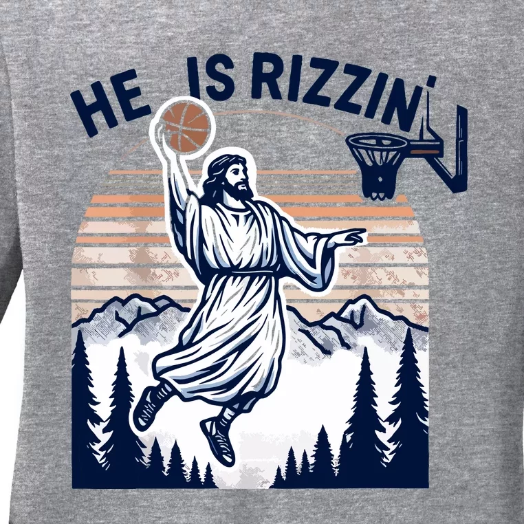 He Is Rizzin Basketball Jesus Retro Easter Christian Ladies Long Sleeve Shirt