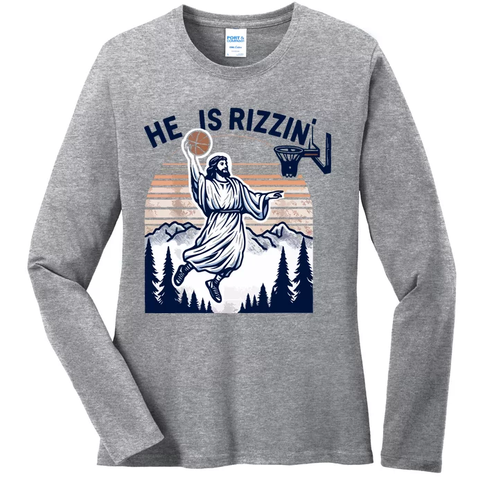 He Is Rizzin Basketball Jesus Retro Easter Christian Ladies Long Sleeve Shirt