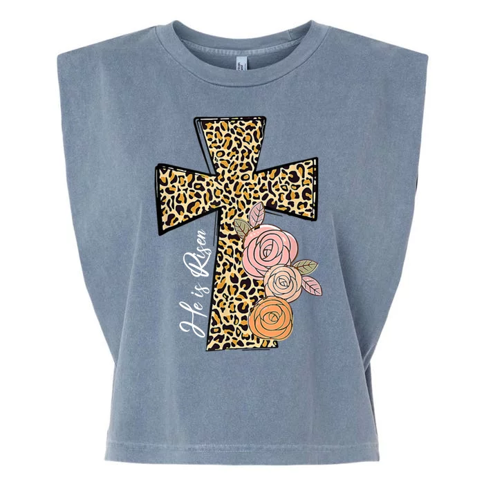 He Is Risen Leopard Easter Cross Garment-Dyed Women's Muscle Tee