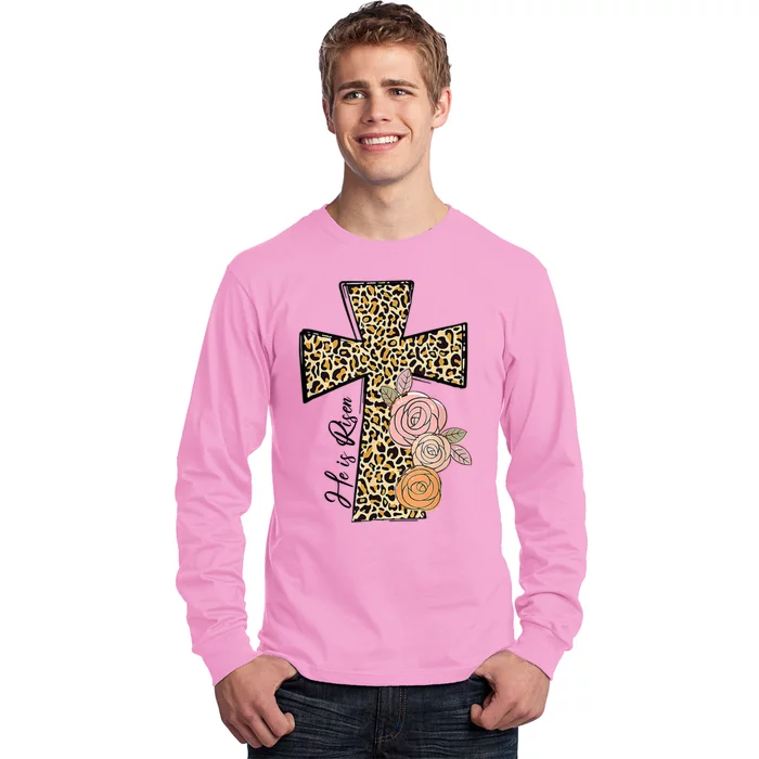 He Is Risen Leopard Easter Cross Long Sleeve Shirt