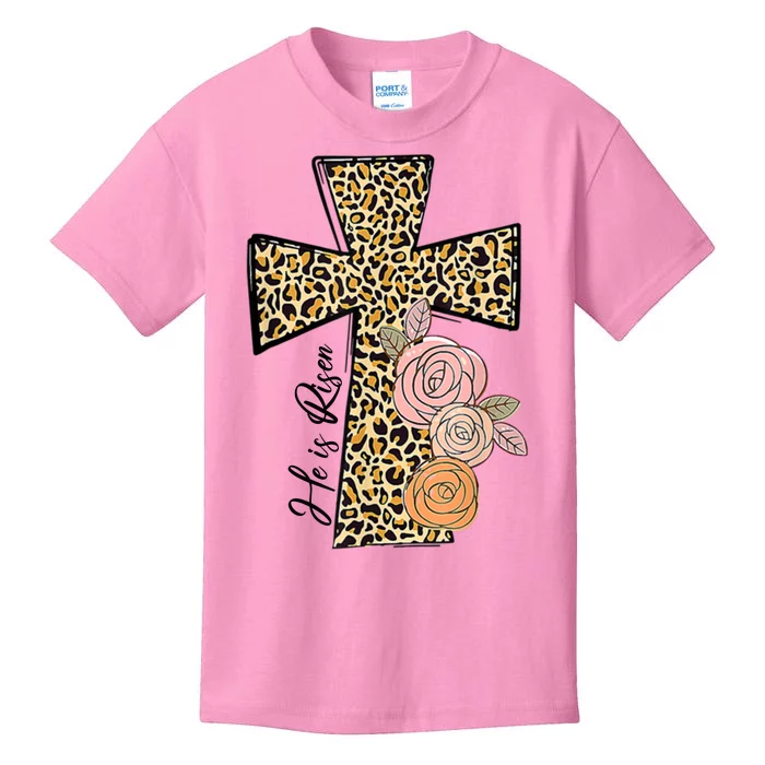 He Is Risen Leopard Easter Cross Kids T-Shirt