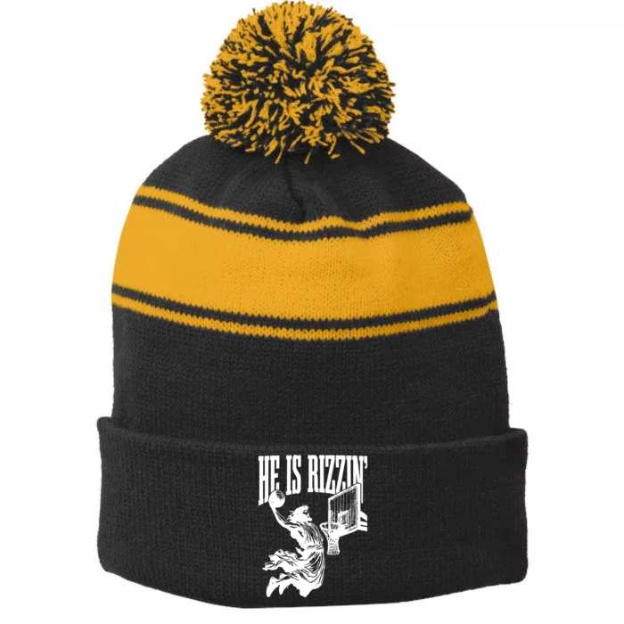 He Is Rizzin Funny Jesus Basketball Stripe Pom Pom Beanie