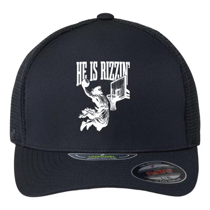 He Is Rizzin Funny Jesus Basketball Flexfit Unipanel Trucker Cap