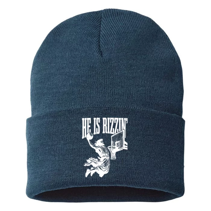 He Is Rizzin Funny Jesus Basketball Sustainable Knit Beanie