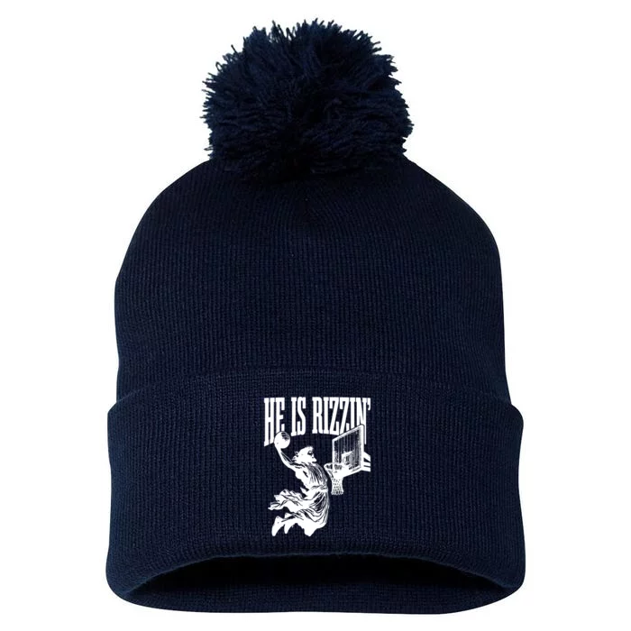 He Is Rizzin Funny Jesus Basketball Pom Pom 12in Knit Beanie