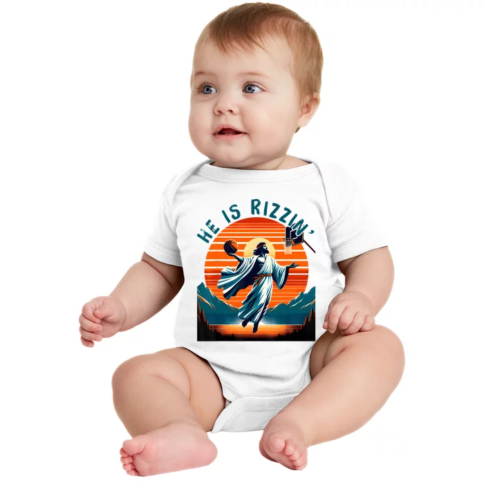 He Is Rizzin Basketball Jesus Retro Easter Christian Baby Bodysuit