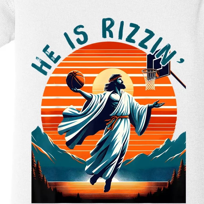 He Is Rizzin Basketball Jesus Retro Easter Christian Baby Bodysuit