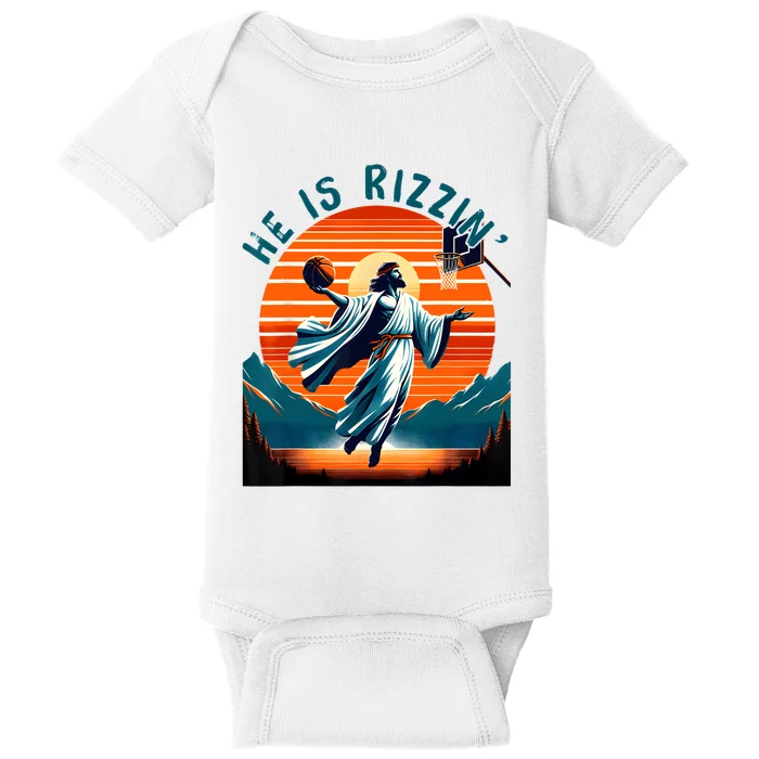 He Is Rizzin Basketball Jesus Retro Easter Christian Baby Bodysuit