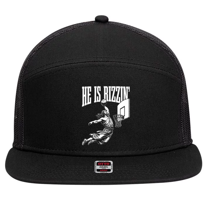 He Is Rizzin Funny Jesus Basketball Meme 7 Panel Mesh Trucker Snapback Hat