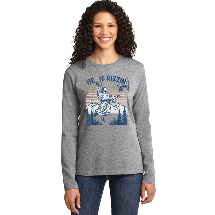 He Is Rizen Funny Easter  Basketball Jesus Ladies Long Sleeve Shirt