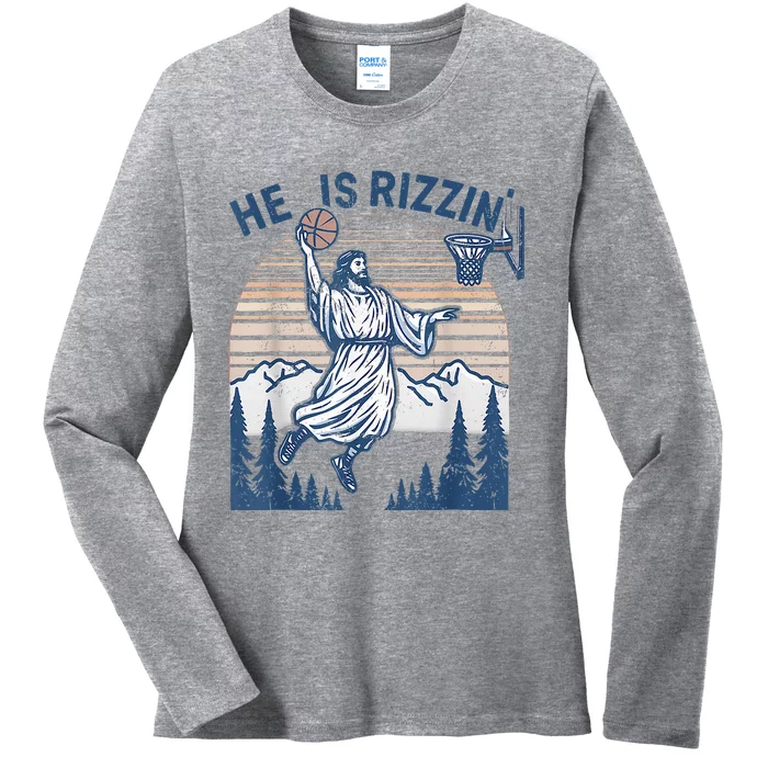 He Is Rizen Funny Easter  Basketball Jesus Ladies Long Sleeve Shirt