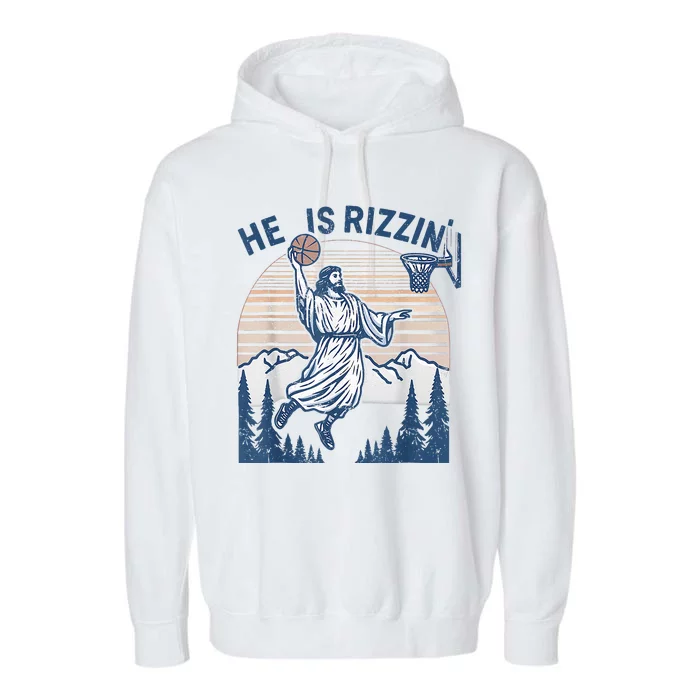 He Is Rizen Funny Easter  Basketball Jesus Garment-Dyed Fleece Hoodie