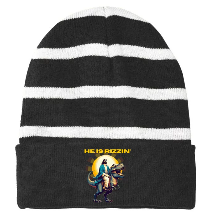 He Is Rizzin Funny Jesus Dinosaur Religion Catholic Striped Beanie with Solid Band